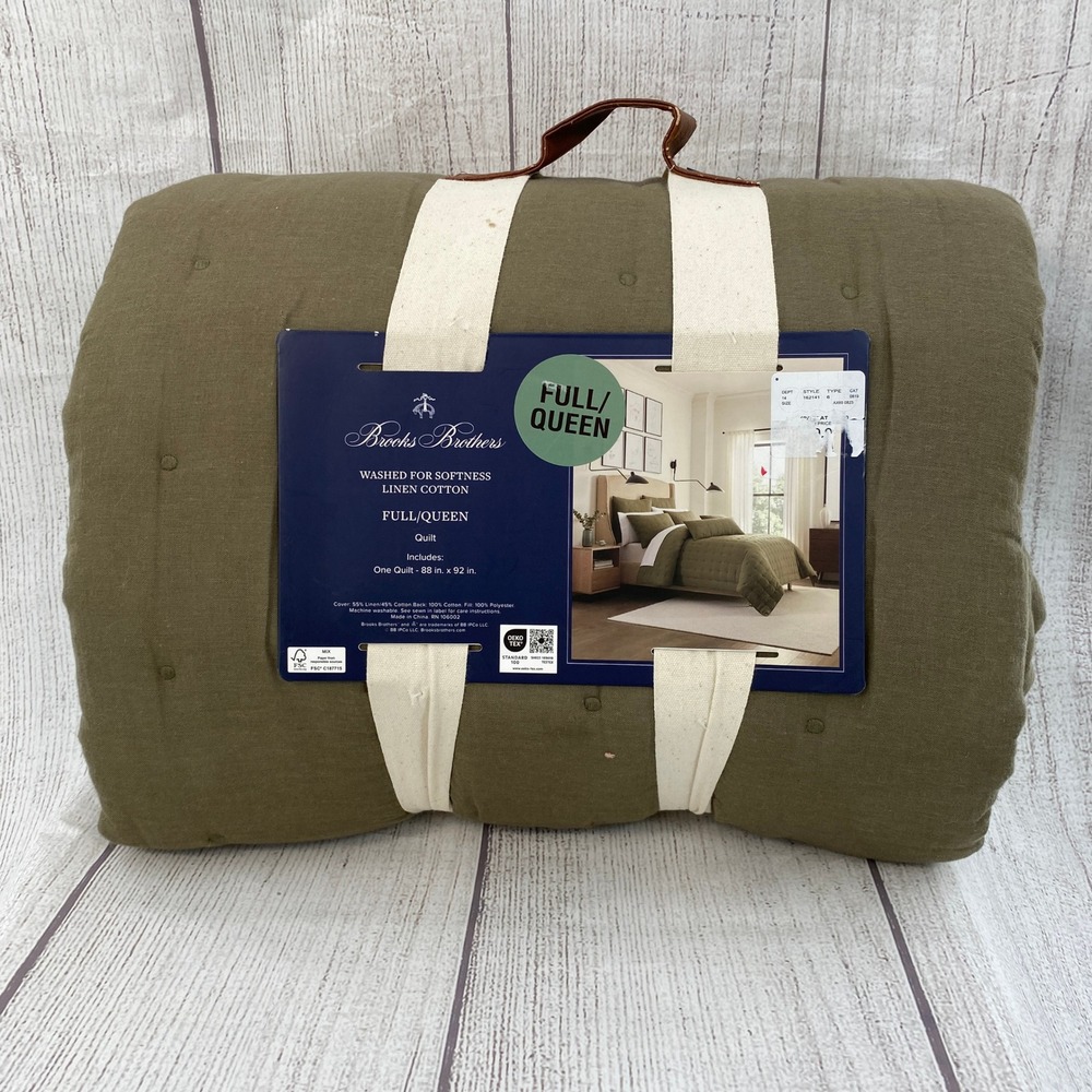 Brooks Brothers Quilt Full/Queen Olive Green Linen Cotton Washed Bedding Rustic